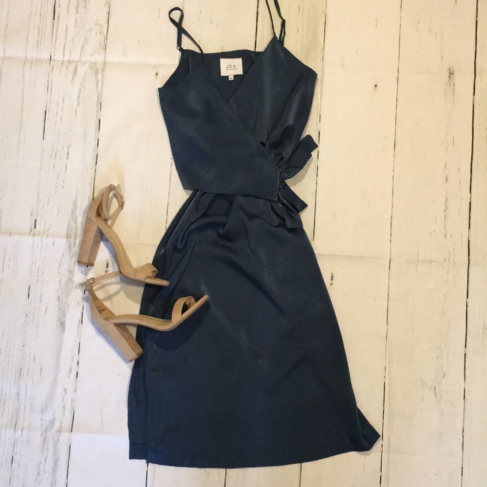 J.O.A Wrap Midi Dress - Teal Blue Satin